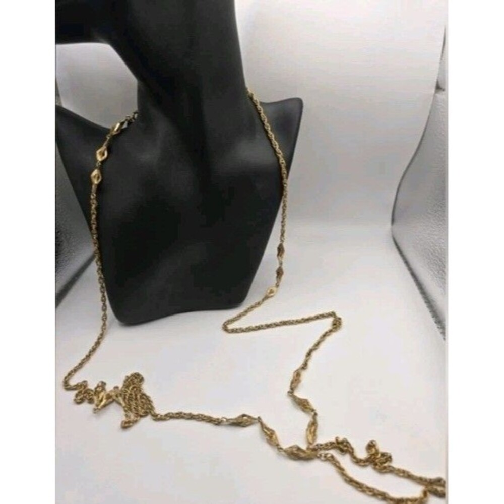 MONET Long Gold Tone Station Link Chain Necklace Signed Vintage